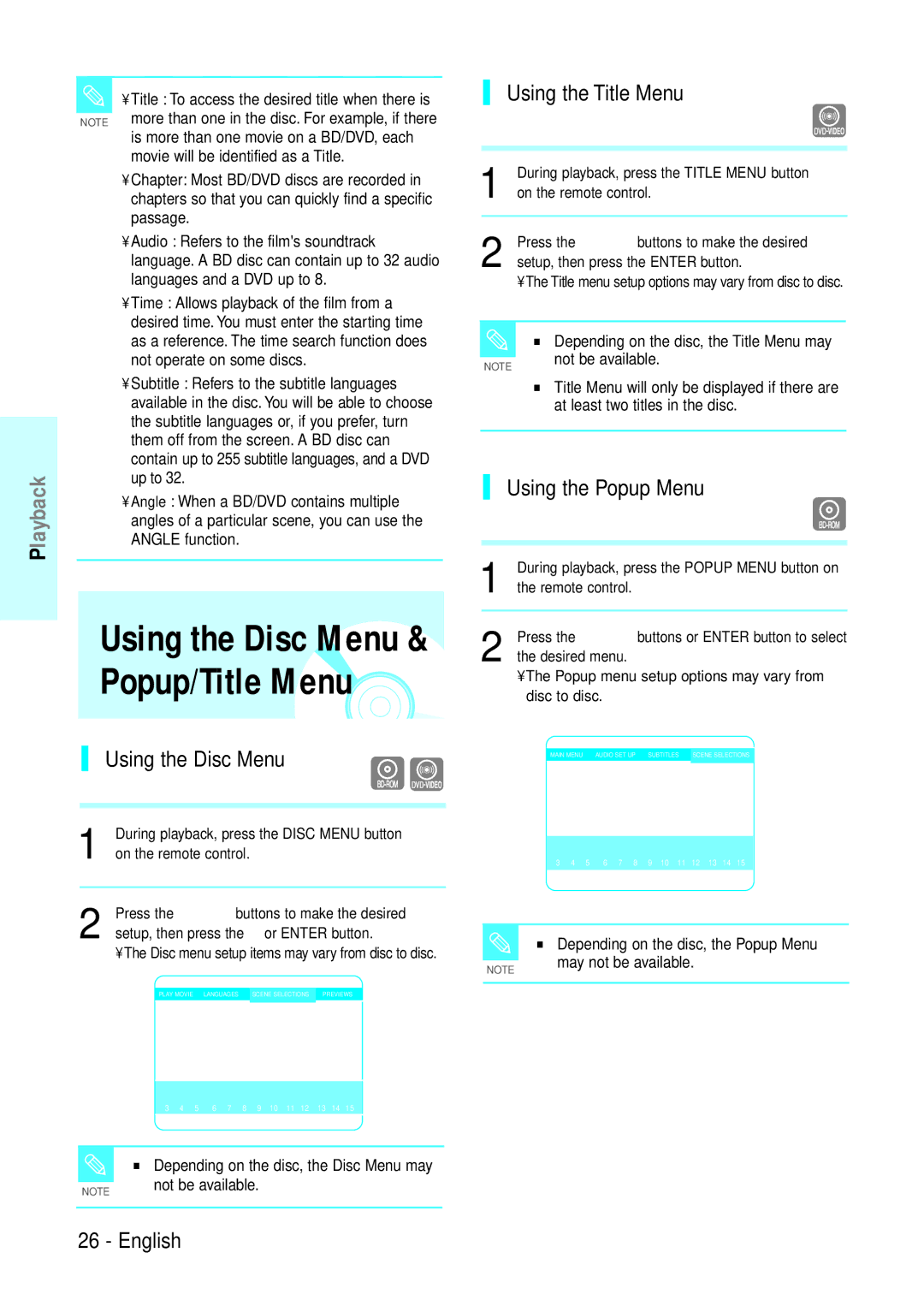 Samsung BD-P1200 manual Using the Disc Menu, Using the Title Menu, Using the Popup Menu 