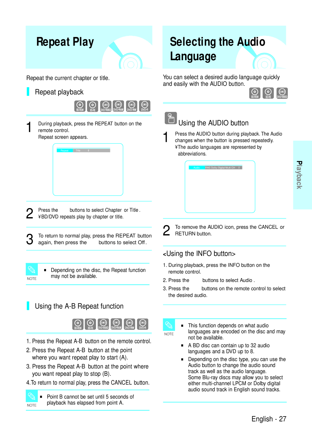 Samsung BD-P1200 manual Repeat Play, Repeat playback, Using the A-B Repeat function, Using the Audio button 