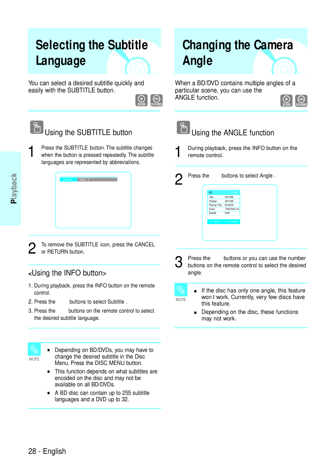 Samsung BD-P1200 manual Language Angle, Using the Subtitle button, Using the Angle function 