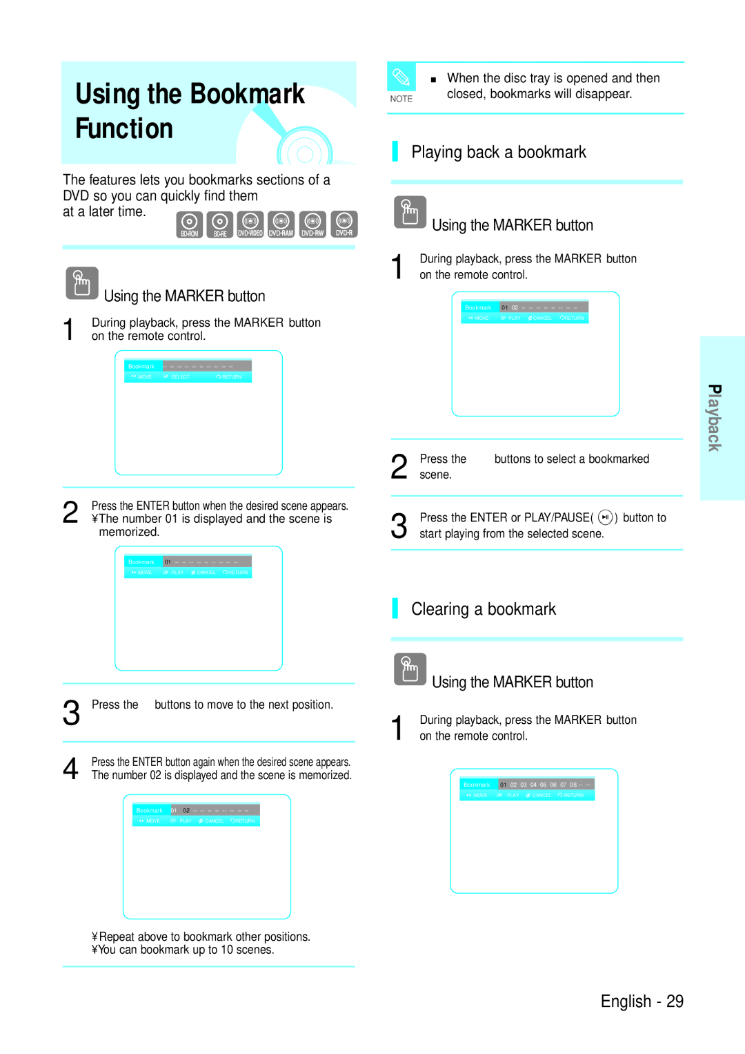 Samsung BD-P1200 manual Playing back a bookmark, Clearing a bookmark, When the disc tray is opened and then 