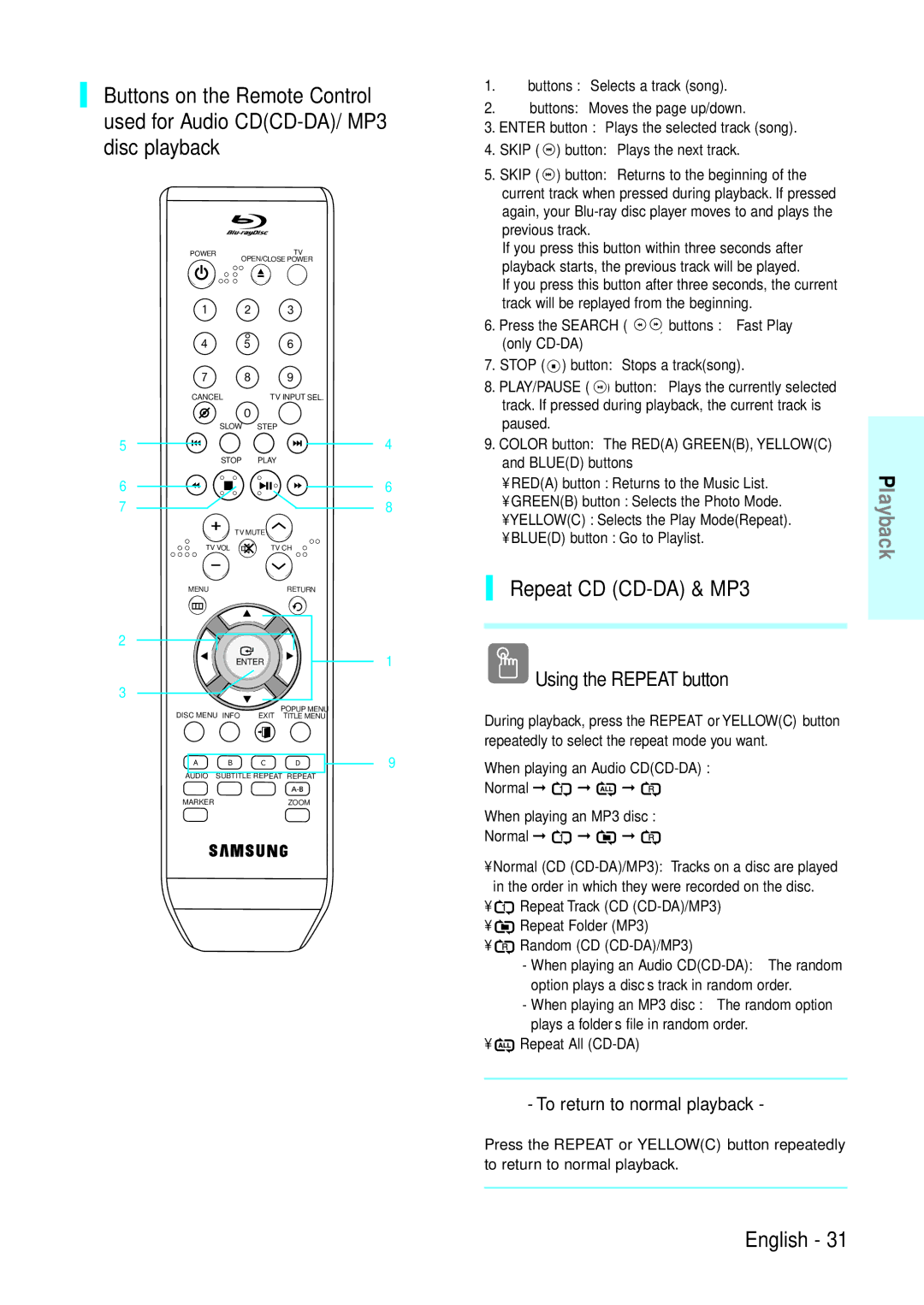 Samsung BD-P1200 manual Repeat CD CD-DA & MP3, To return to normal playback, Press the Search buttons Fast Play 