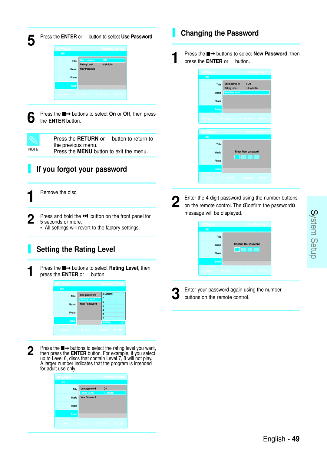 Samsung BD-P1200 manual If you forgot your password, Setting the Rating Level, Changing the Password 