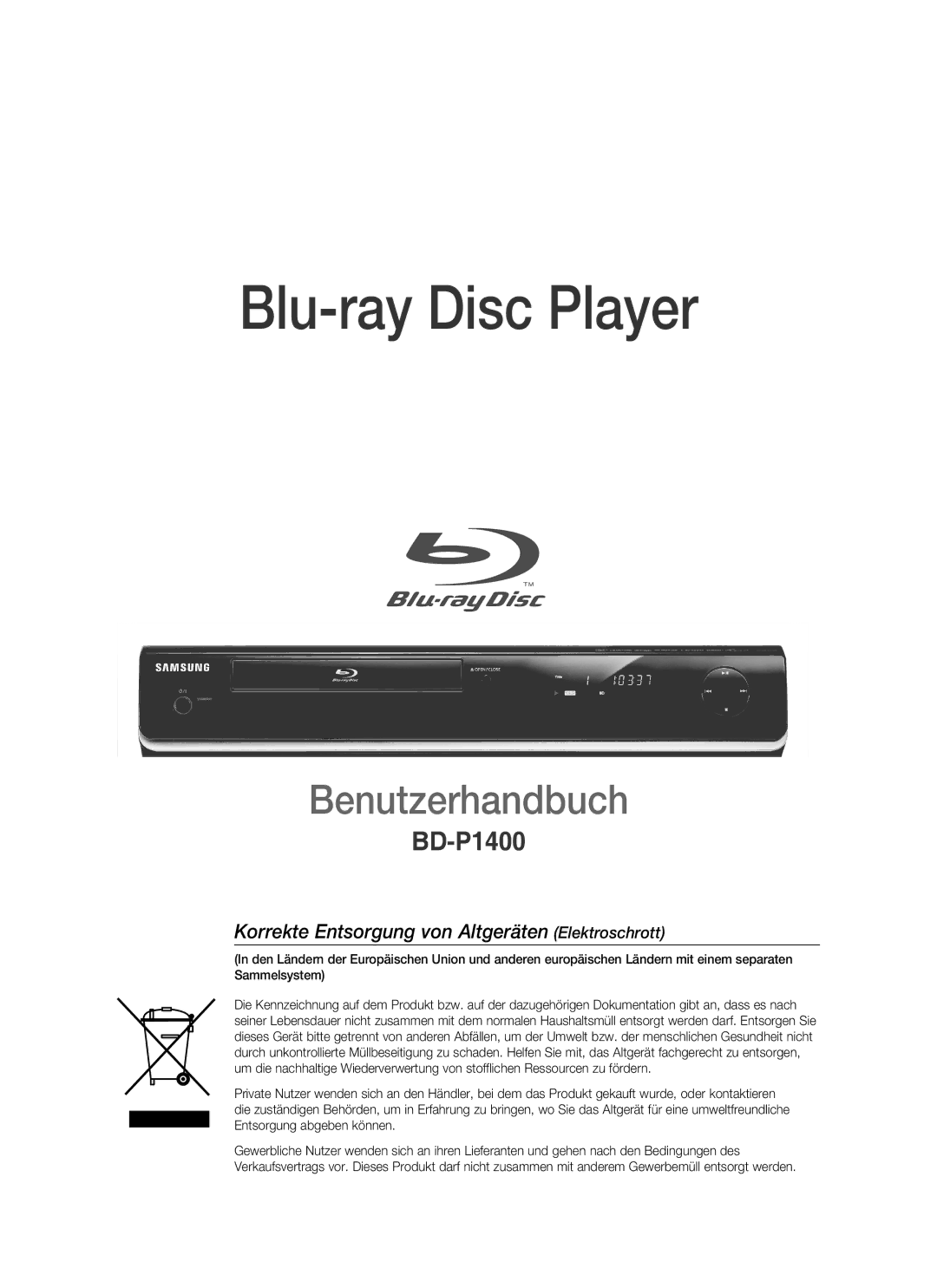 Samsung BD-P1400/XEG, BD-P1400/XEC, BD-P1400/AUS manual Blu-ray Disc Player 