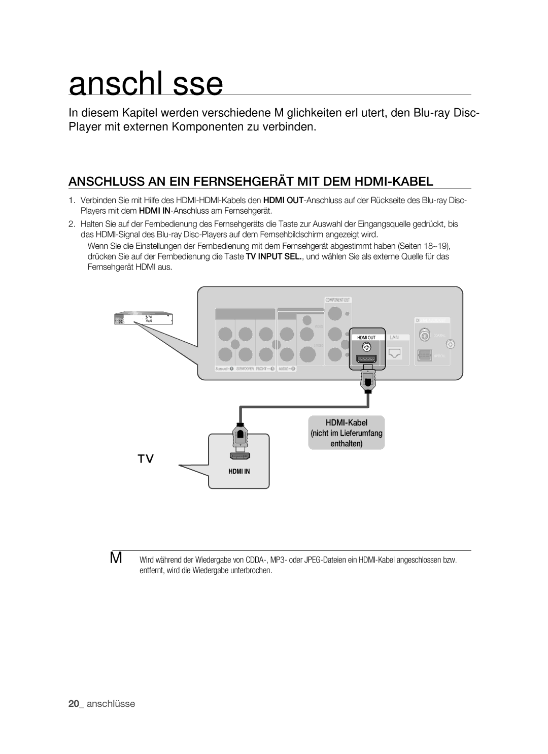 Samsung BD-P1400/XEG, BD-P1400/XEC, BD-P1400/AUS manual Anschlüsse, Anschluss AN EIN Fernsehgerät MIT DEM HDMI-KABEL 