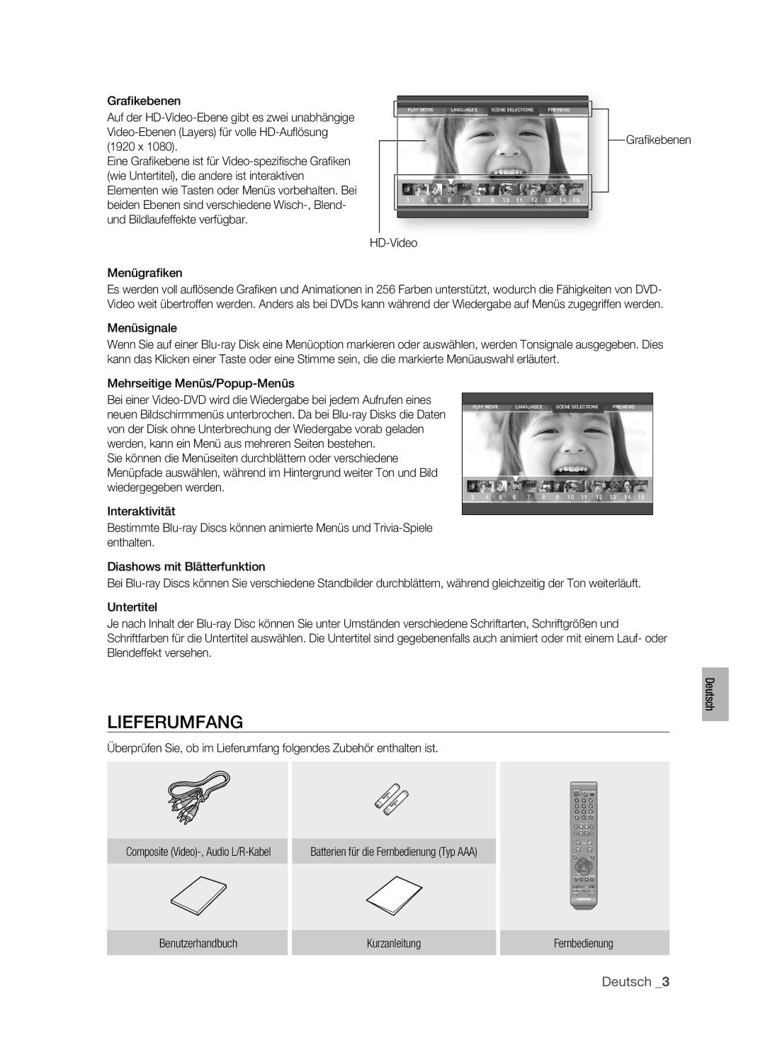 Samsung BD-P1400/AUS manual Lieferumfang, Menügraﬁken, HD-Video Graﬁ kebenen, Menüsignale, Mehrseitige Menüs/Popup-Menüs 