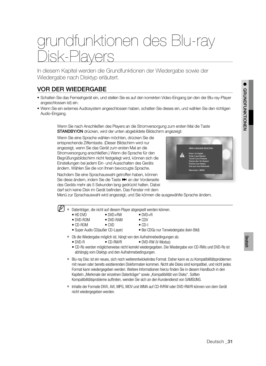 Samsung BD-P1400/AUS, BD-P1400/XEG, BD-P1400/XEC manual Grundfunktionen des Blu-ray Disk-Players, VOR DER Wiedergabe 