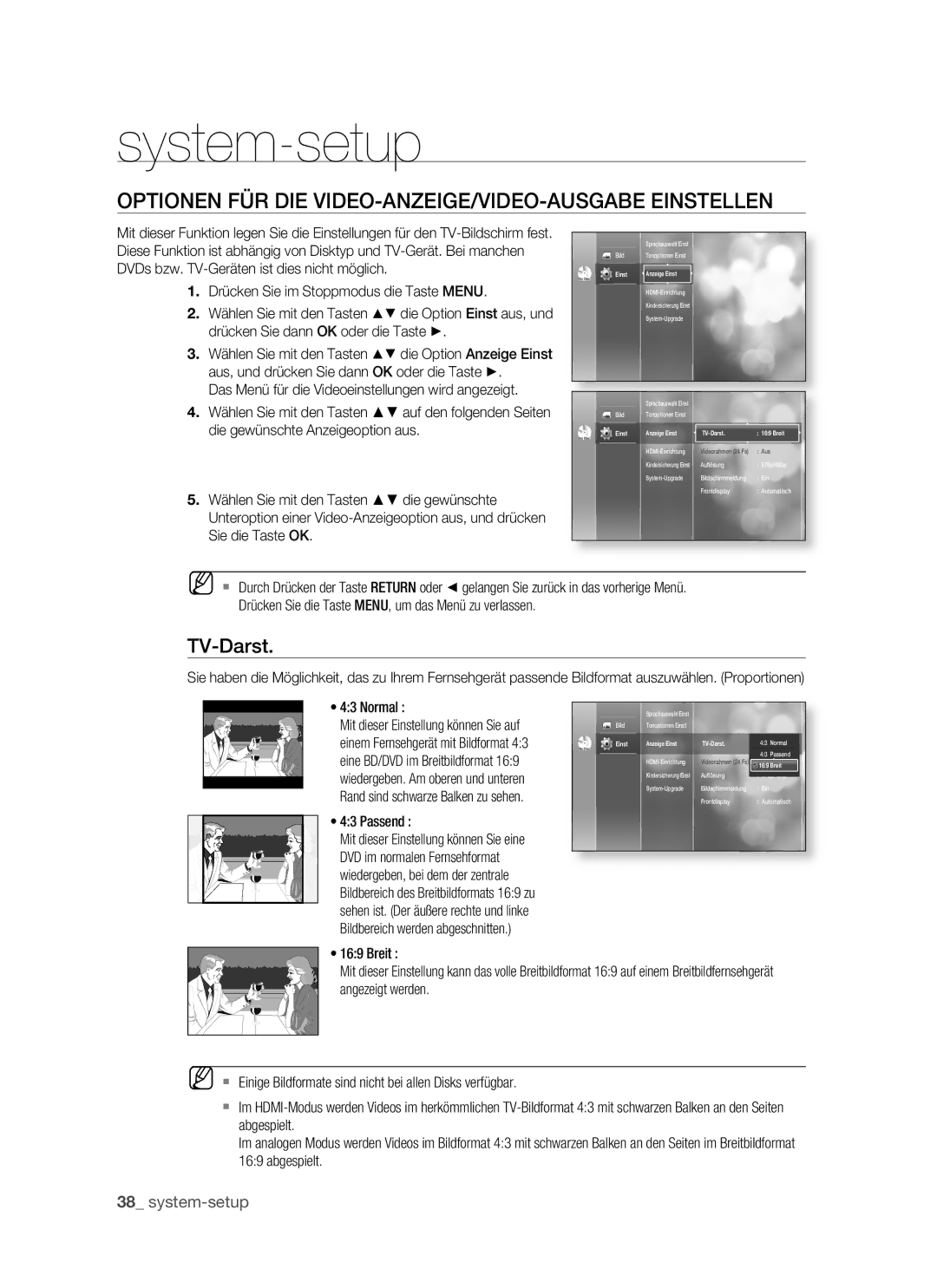 Samsung BD-P1400/XEC, BD-P1400/XEG manual Optionen FÜR DIE VIDEO-ANZEIGE/VIDEO-AUSGABE Einstellen, TV-Darst, Normal, Passend 