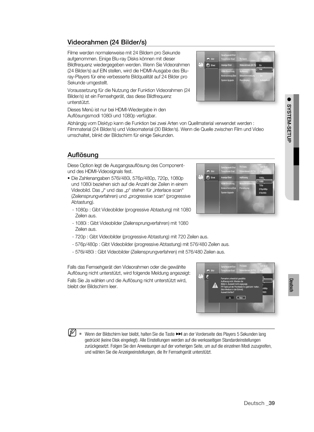 Samsung BD-P1400/AUS, BD-P1400/XEG, BD-P1400/XEC manual Auﬂösung, System-Setup 