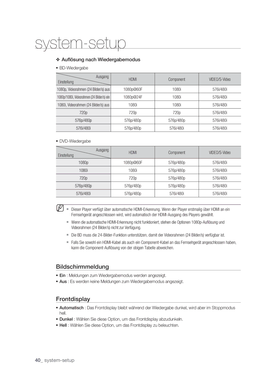 Samsung BD-P1400/XEG, BD-P1400/XEC, BD-P1400/AUS manual Bildschirmmeldung, Frontdisplay 