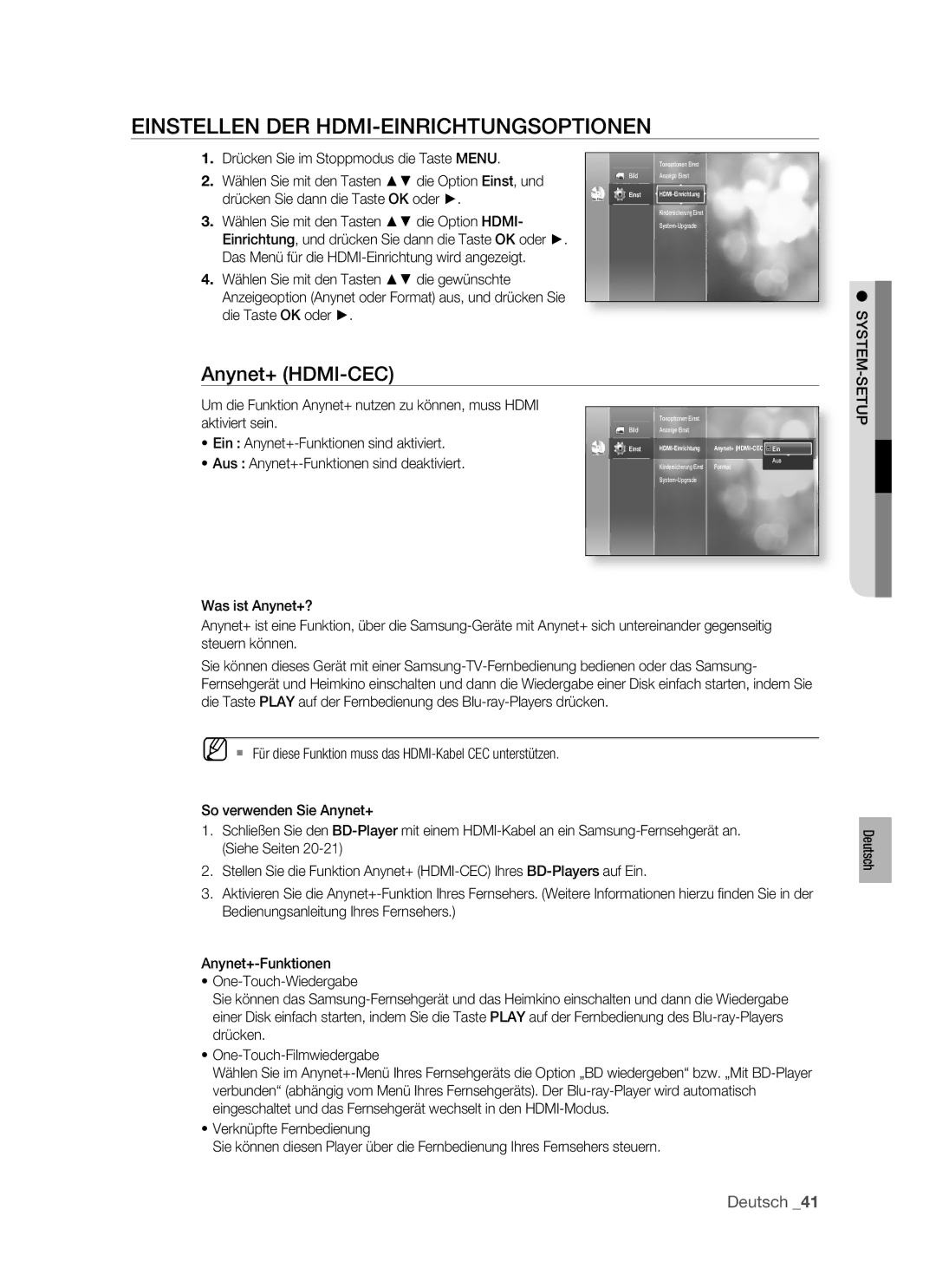 Samsung BD-P1400/XEG, BD-P1400/XEC, BD-P1400/AUS manual Einstellen DER HDMI-EINRICHTUNGSOPTIONEN, Anynet+ HDMI-CEC 