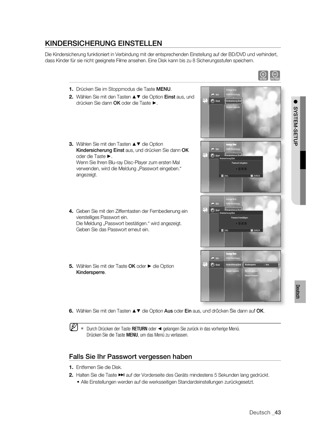 Samsung BD-P1400/AUS, BD-P1400/XEG, BD-P1400/XEC manual Falls Sie Ihr Passwort vergessen haben, Kindersicherung Einstellen 