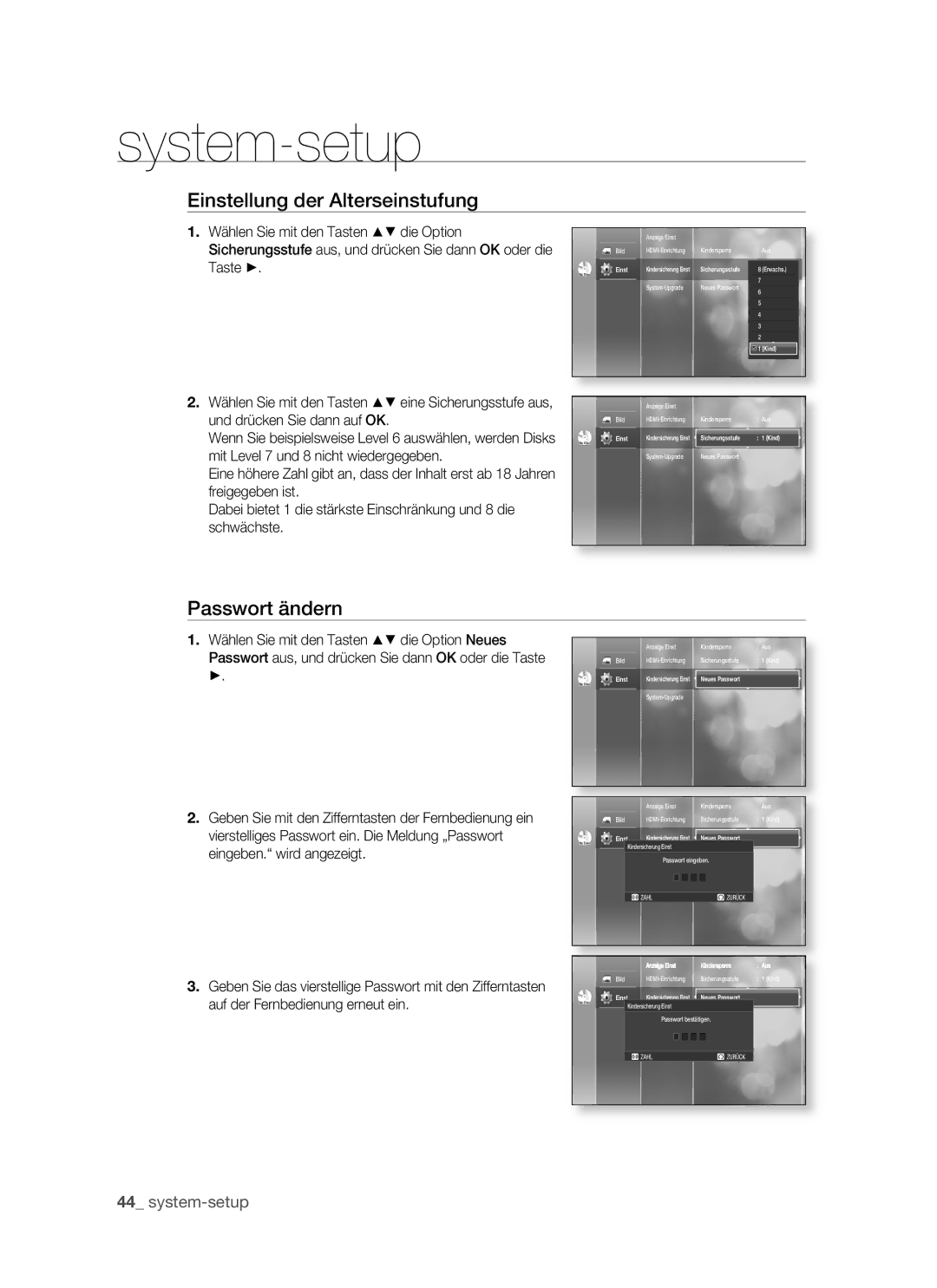 Samsung BD-P1400/XEG, BD-P1400/XEC, BD-P1400/AUS manual Einstellung der Alterseinstufung, Passwort ändern 