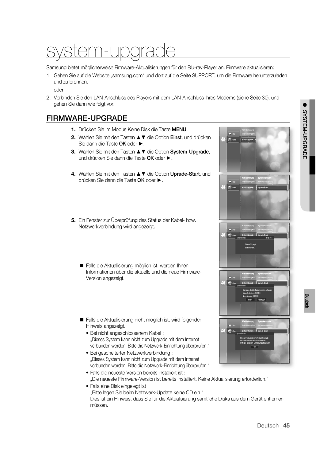 Samsung BD-P1400/XEG, BD-P1400/XEC, BD-P1400/AUS manual System-upgrade, Firmware-Upgrade 