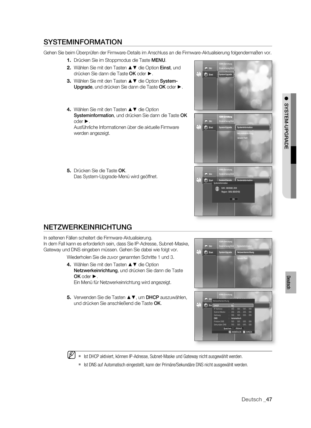 Samsung BD-P1400/AUS, BD-P1400/XEG, BD-P1400/XEC manual Systeminformation, Netzwerkeinrichtung 