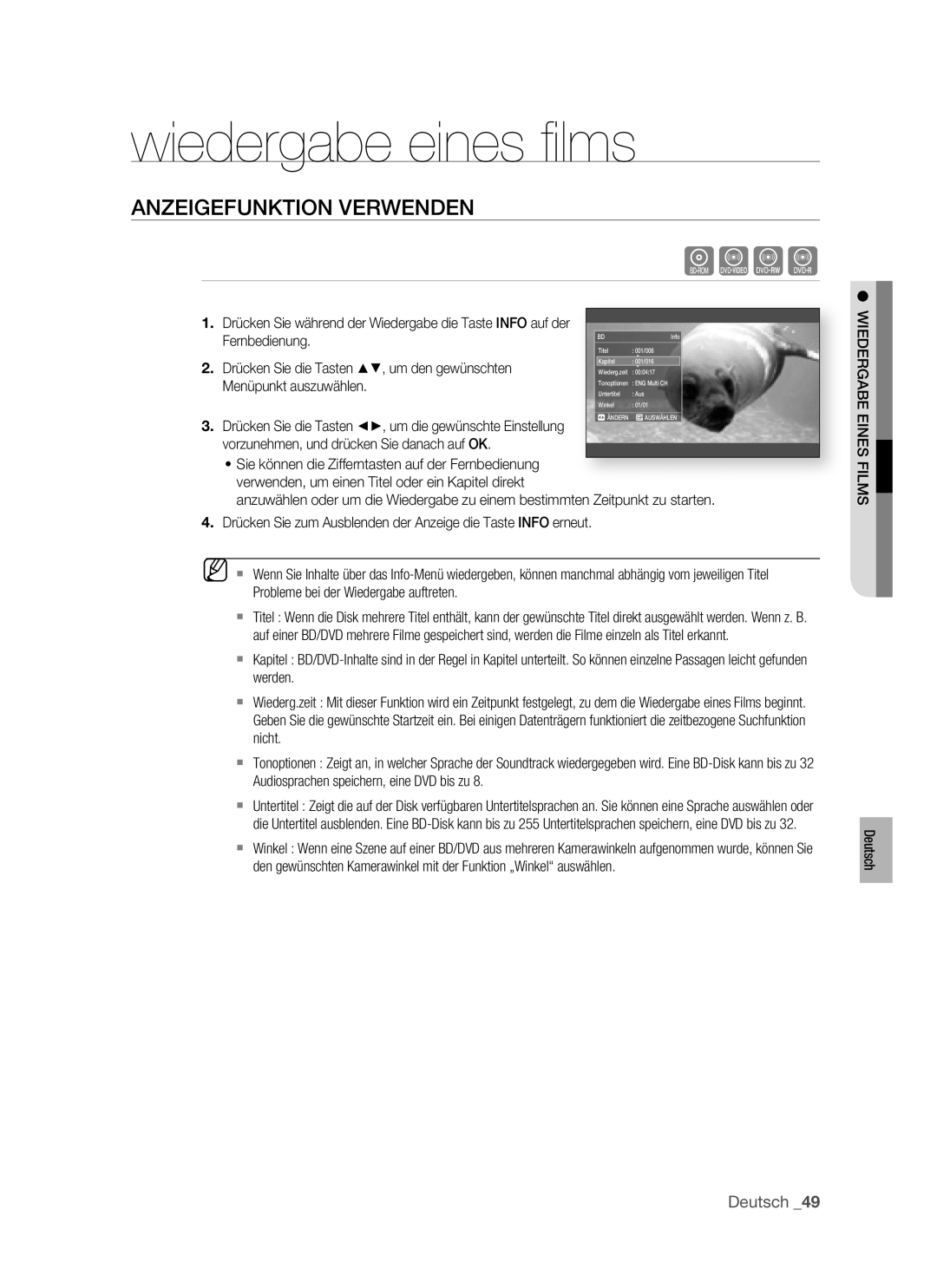 Samsung BD-P1400/XEG, BD-P1400/XEC, BD-P1400/AUS Wiedergabe eines ﬁ lms, Anzeigefunktion Verwenden, Wiedergabe Eines, Films 