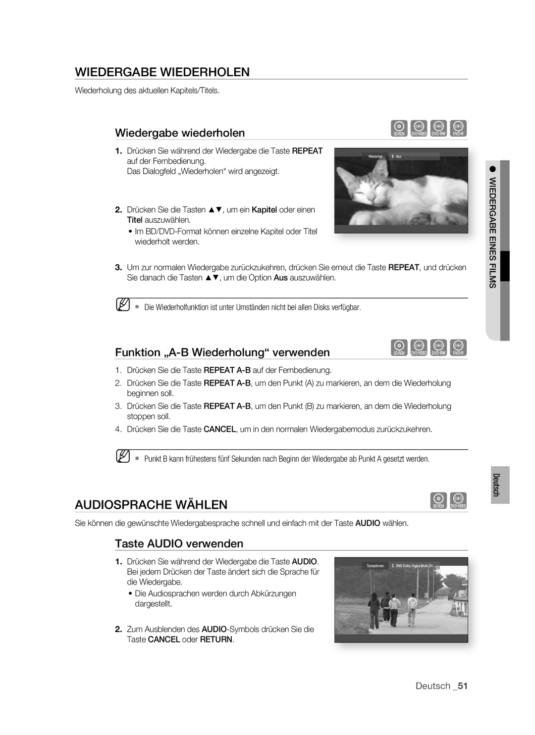 Samsung BD-P1400/AUS manual Wiedergabe Wiederholen, Audiosprache Wählen, Wiedergabe wiederholen, Taste Audio verwenden 