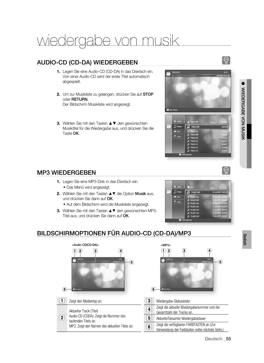 Samsung BD-P1400/AUS, BD-P1400/XEG, BD-P1400/XEC manual Wiedergabe von musik, AUDIO-CD CD-DA Wiedergeben, MP3 Wiedergeben 