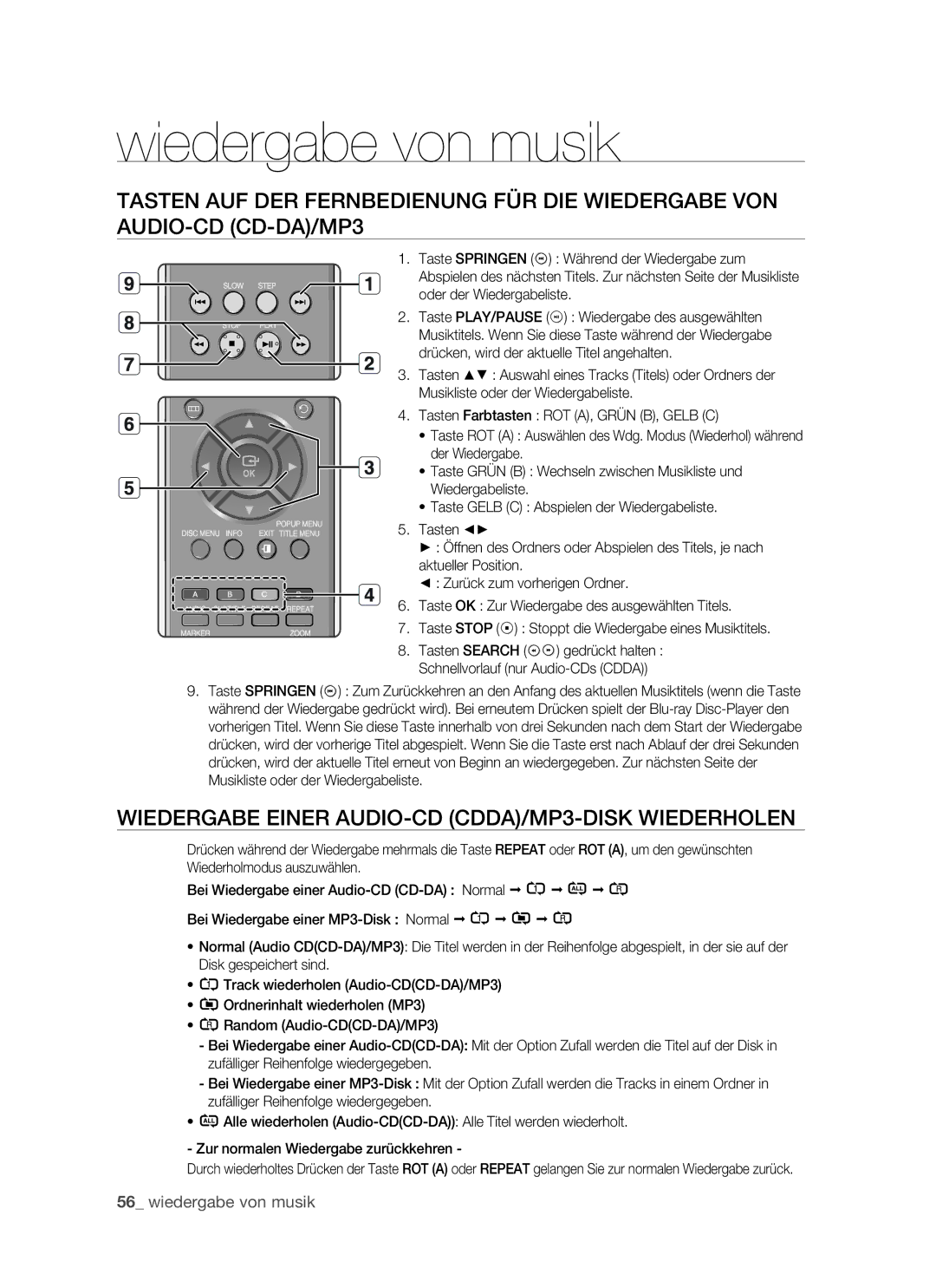 Samsung BD-P1400/XEG, BD-P1400/XEC, BD-P1400/AUS manual Wiedergabe Einer AUDIO-CD CDDA/MP3-DISK Wiederholen 