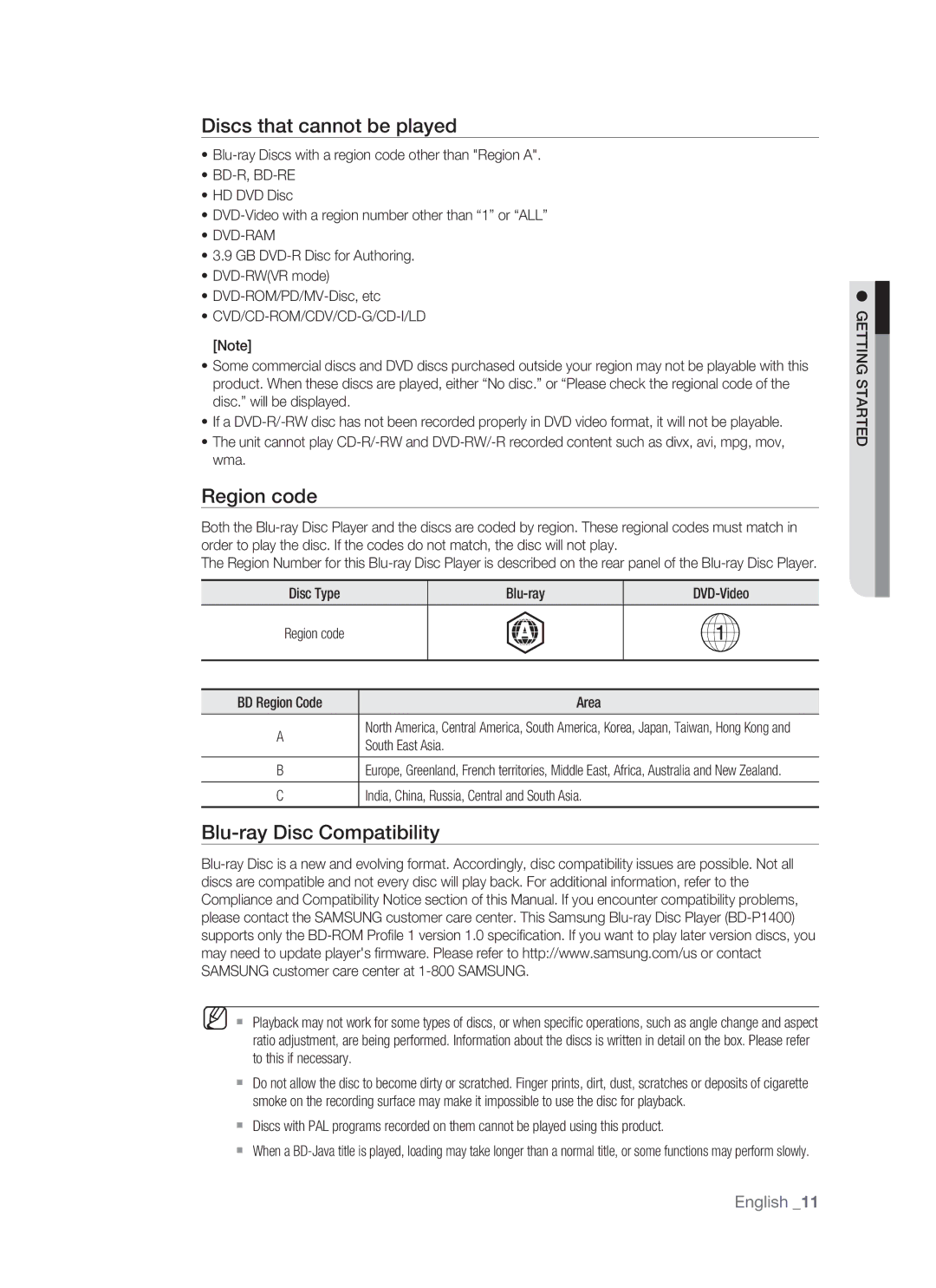 Samsung BD-P1400 user manual Discs that cannot be played, Region code, Blu-ray Disc Compatibility, Bd-R, Bd-Re, Dvd-Ram 