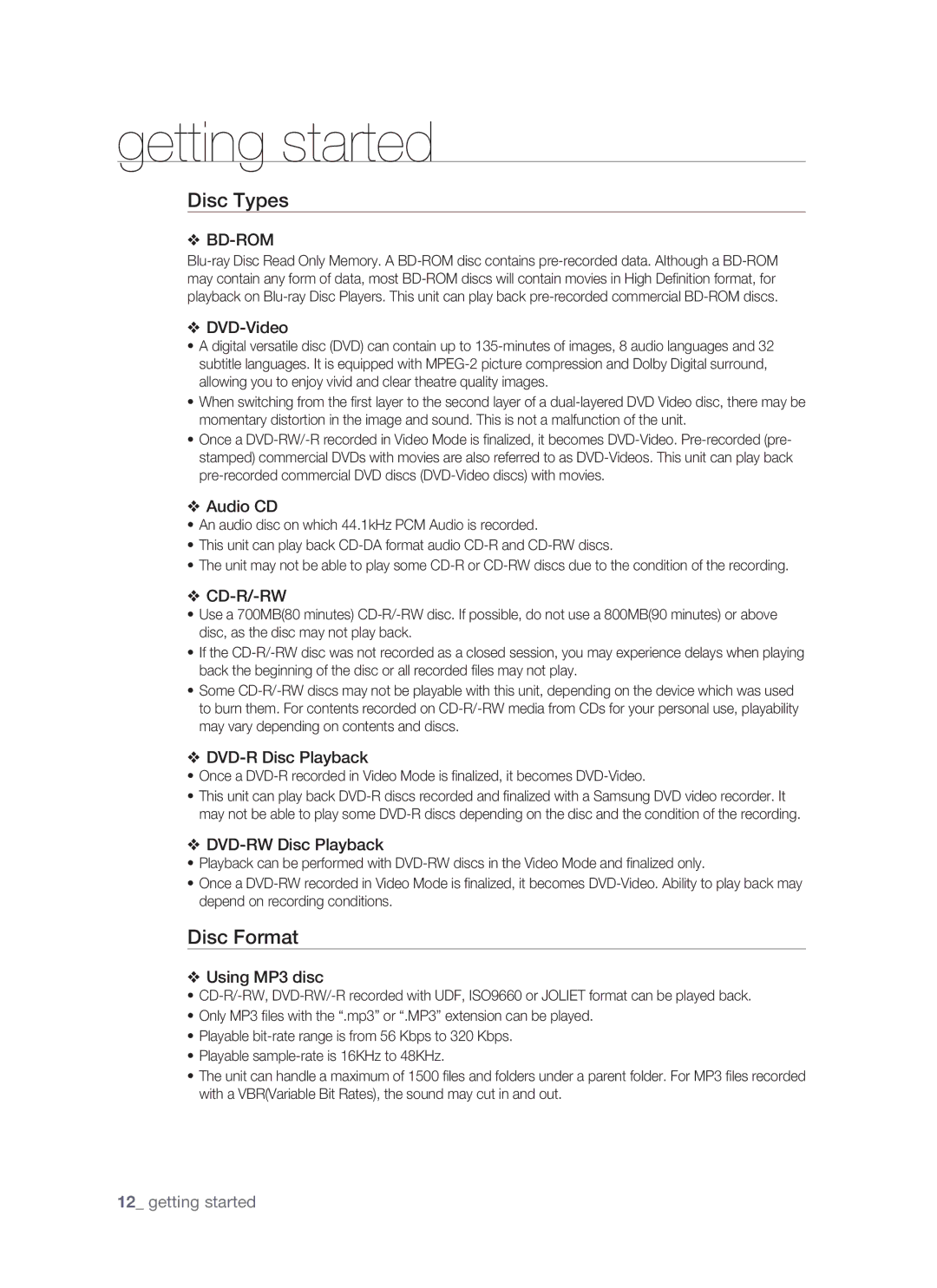 Samsung BD-P1400 user manual Disc Types, Disc Format 