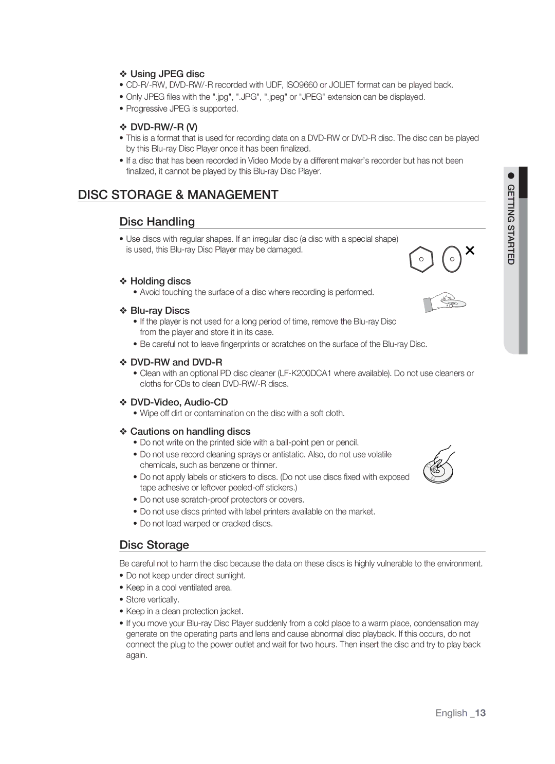 Samsung BD-P1400 user manual Disc Storage & Management, Disc Handling 