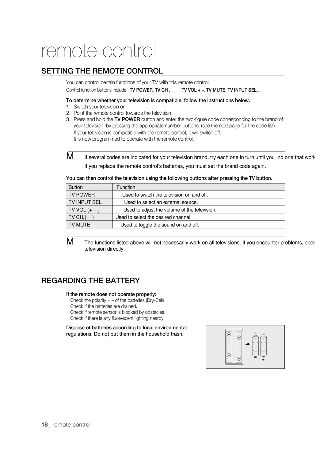 Samsung BD-P1400 user manual Remote control, Setting the Remote Control, Regarding the Battery 