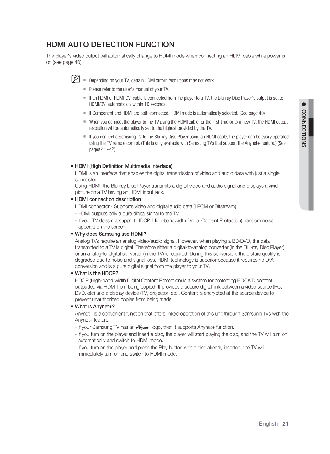 Samsung BD-P1400 user manual Hdmi Auto Detection Function, Connections 