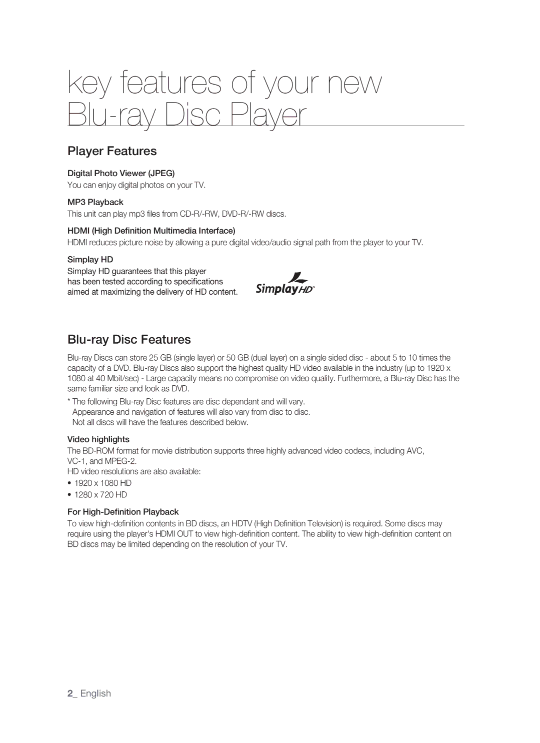 Samsung BD-P1400 user manual Key features of your new Blu-ray Disc Player 