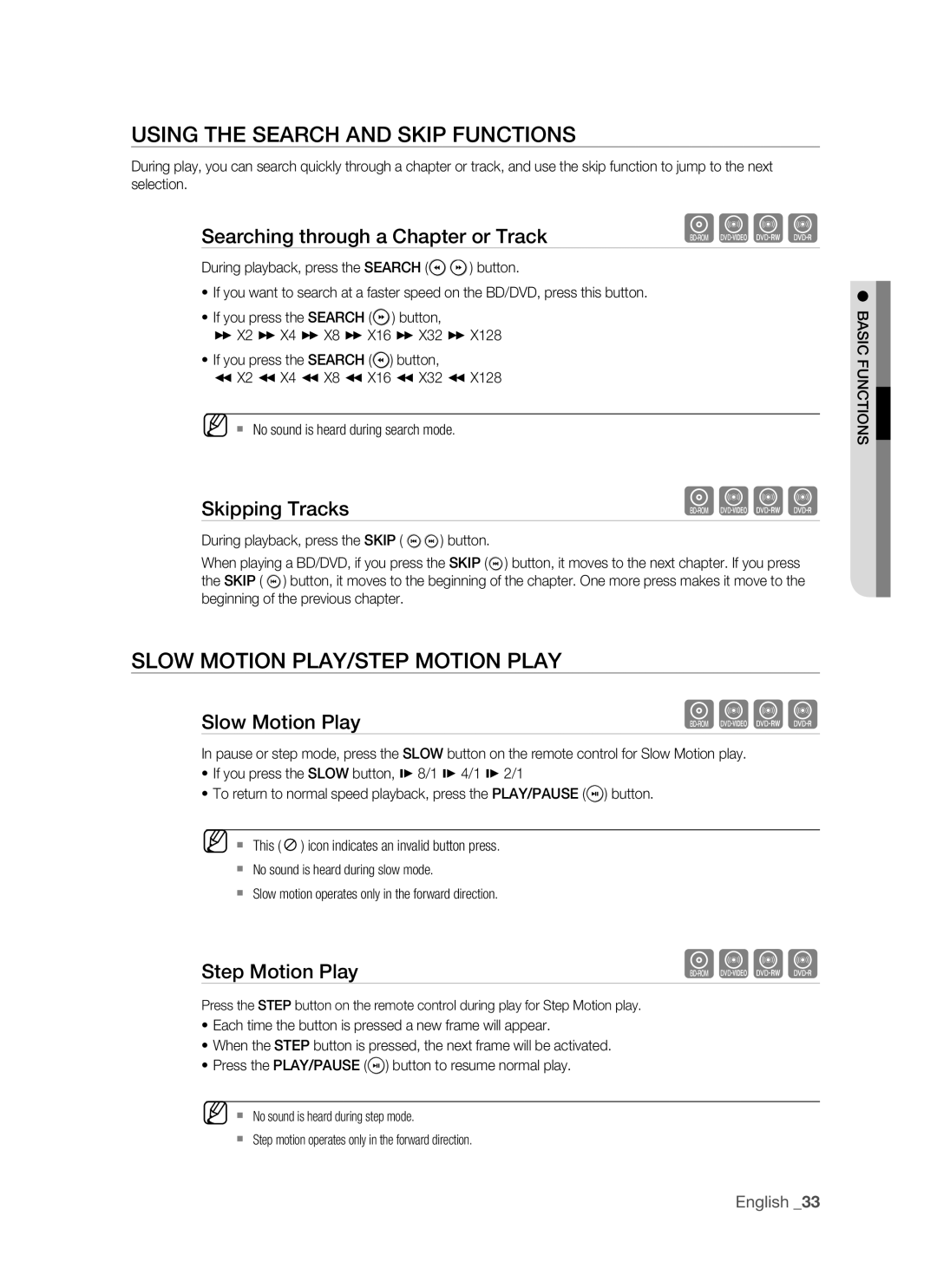 Samsung BD-P1400 user manual Using the Search and Skip Functions, Slow Motion PLAY/STEP Motion Play 