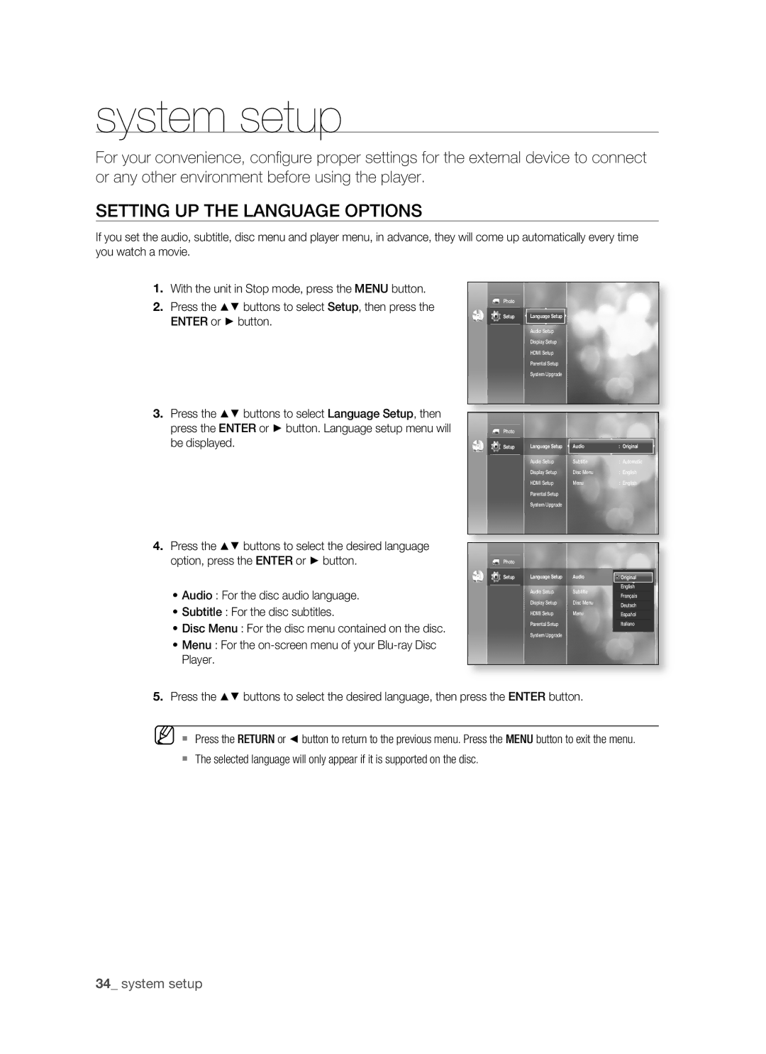 Samsung BD-P1400 System setup, Setting UP the Language Options, Menu For the on-screen menu of your Blu-ray Disc Player 