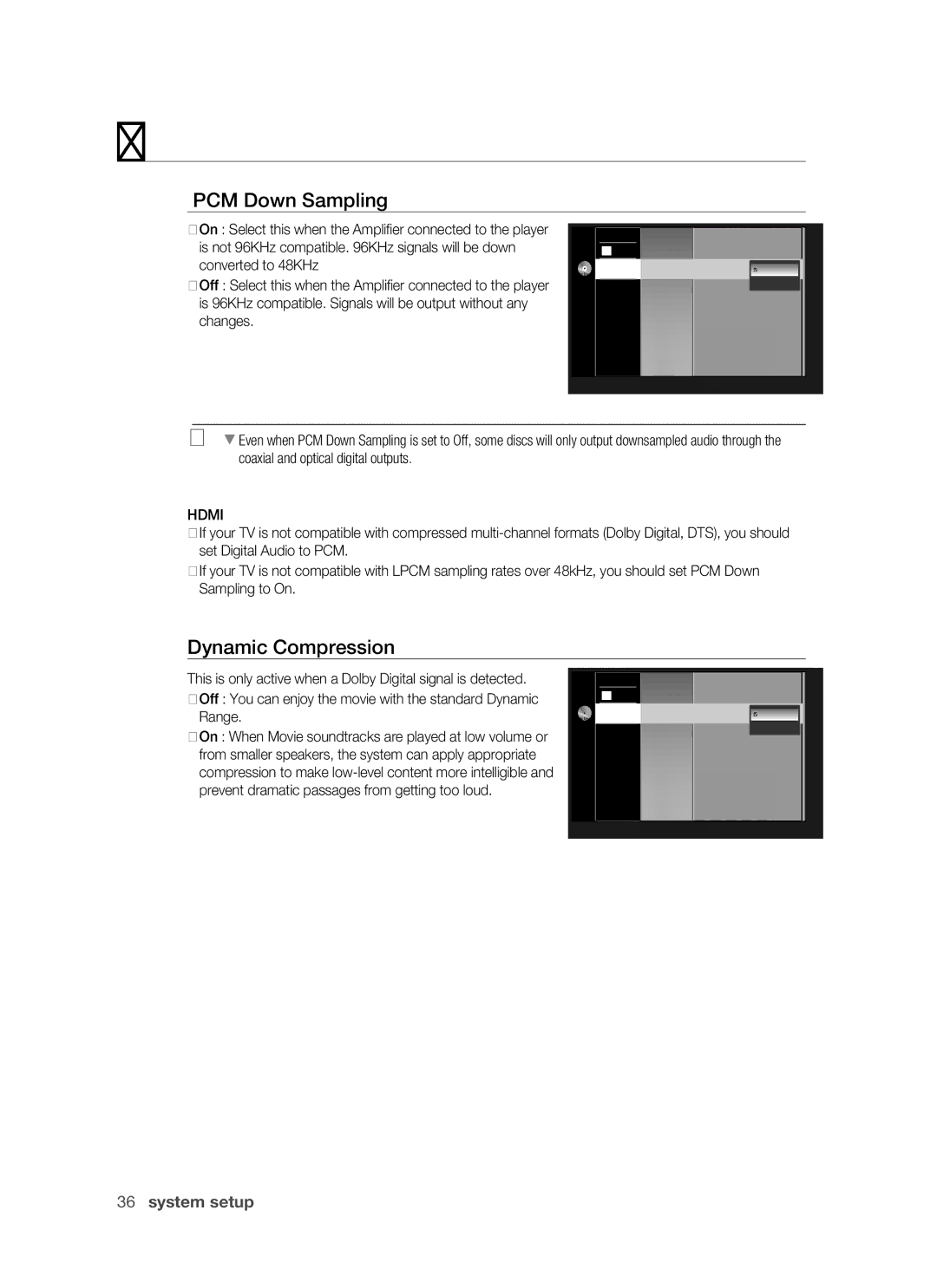 Samsung BD-P1400 user manual PCM Down Sampling, Dynamic Compression, Hdmi 