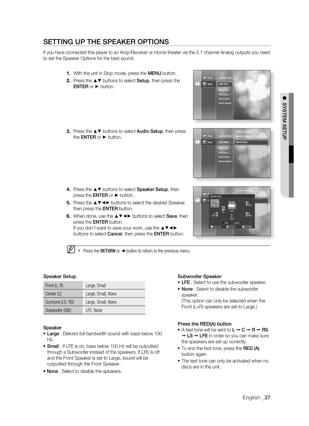 Samsung BD-P1400 user manual Setting UP the Speaker Options 