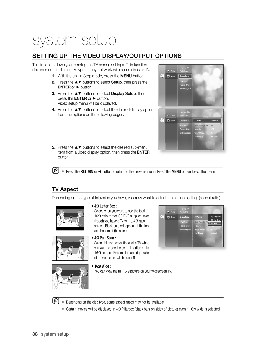 Samsung BD-P1400 user manual Setting UP the Video DISPLAY/OUTPUT Options, TV Aspect, Pan-Scan 