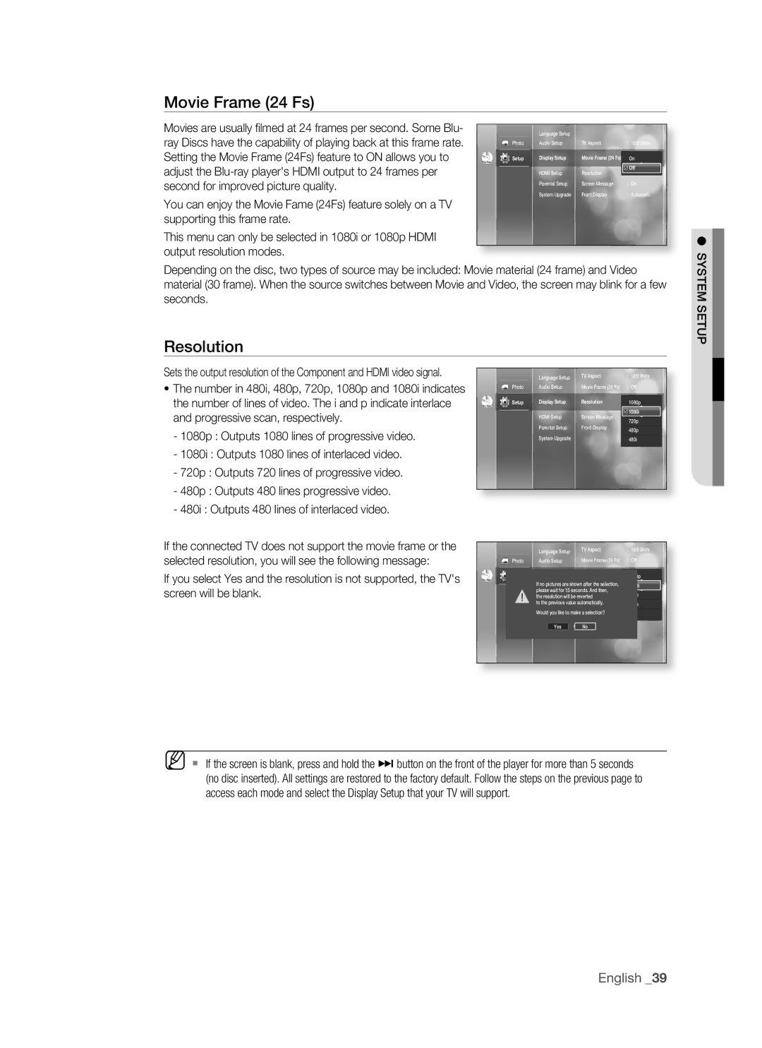 Samsung BD-P1400 Resolution, Adjust the Blu-ray players Hdmi output to 24 frames per, Second for improved picture quality 