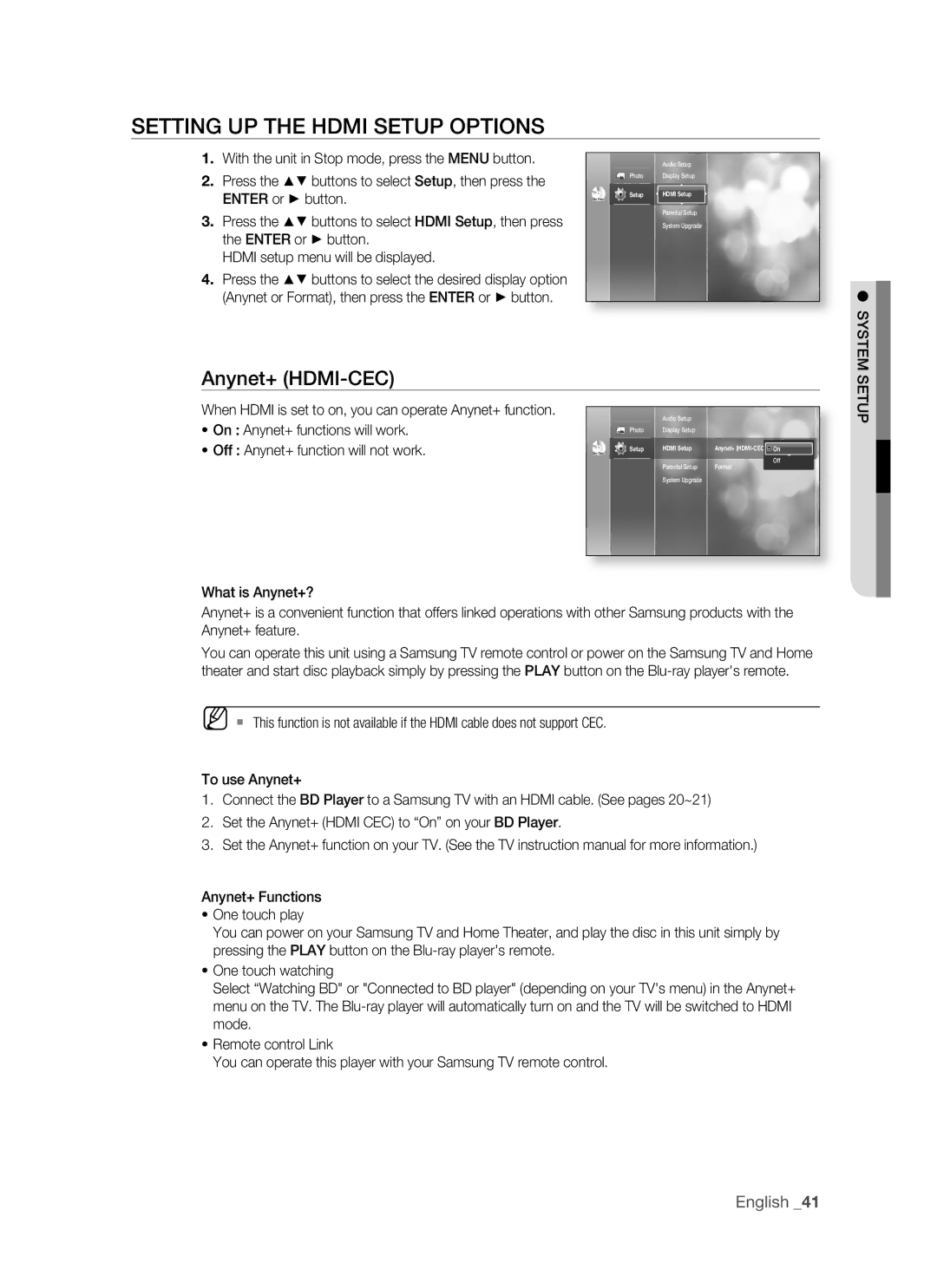 Samsung BD-P1400 user manual Setting UP the Hdmi Setup Options, Anynet+ HDMI-CEC 