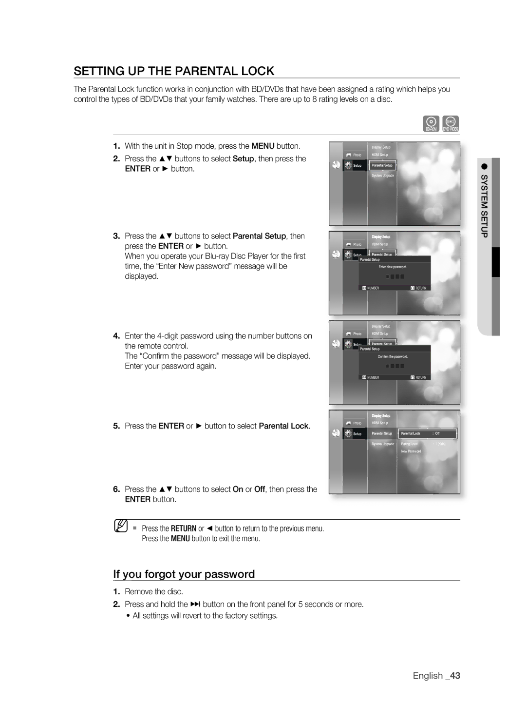 Samsung BD-P1400 user manual Setting UP the Parental Lock, If you forgot your password 