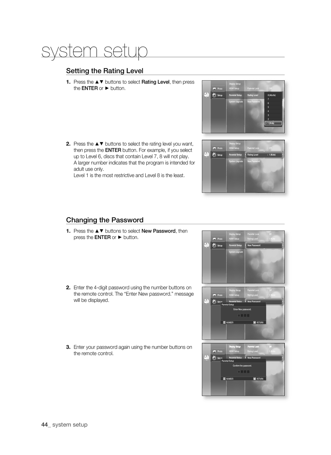 Samsung BD-P1400 user manual Setting the Rating Level, Changing the Password 