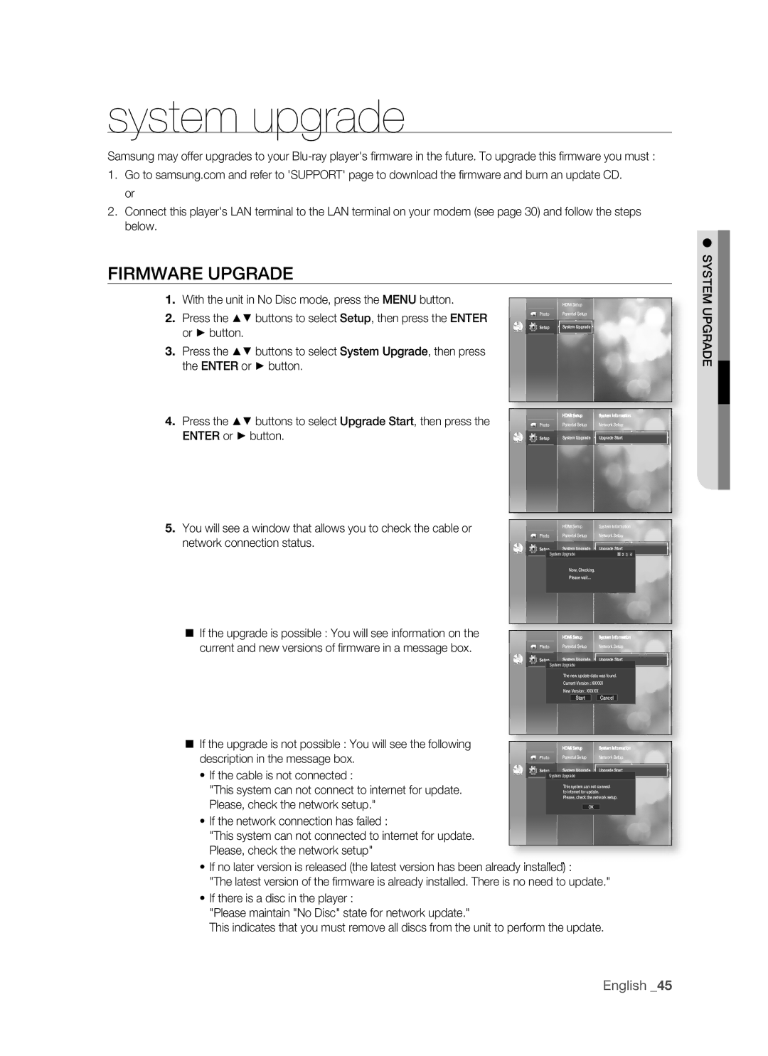 Samsung BD-P1400 user manual System upgrade, Firmware Upgrade, System Upgrade 