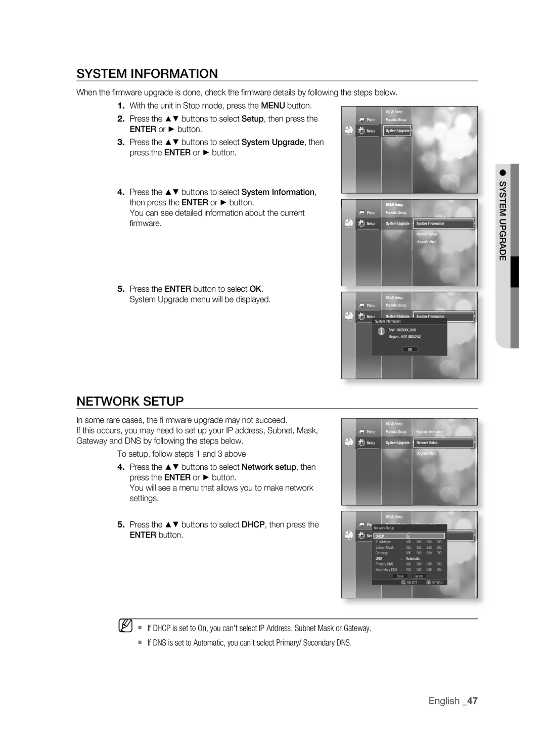 Samsung BD-P1400 user manual System Information, Network Setup 