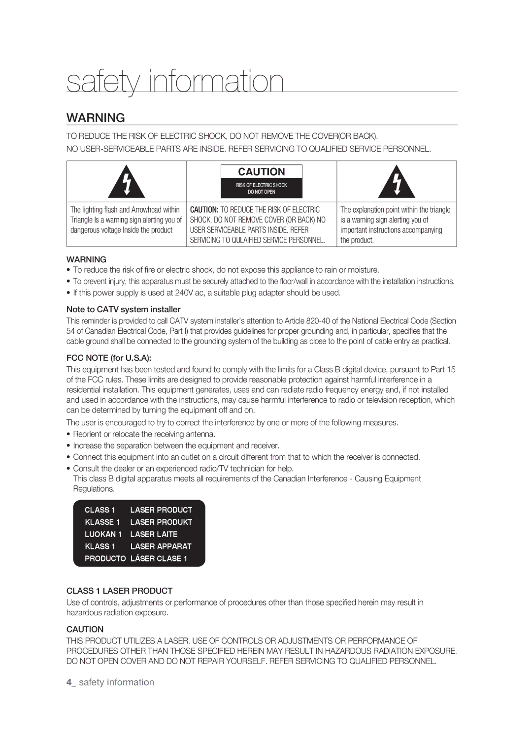 Samsung BD-P1400 user manual Safety information, FCC Note for U.S.A, Class 1 Laser Product 