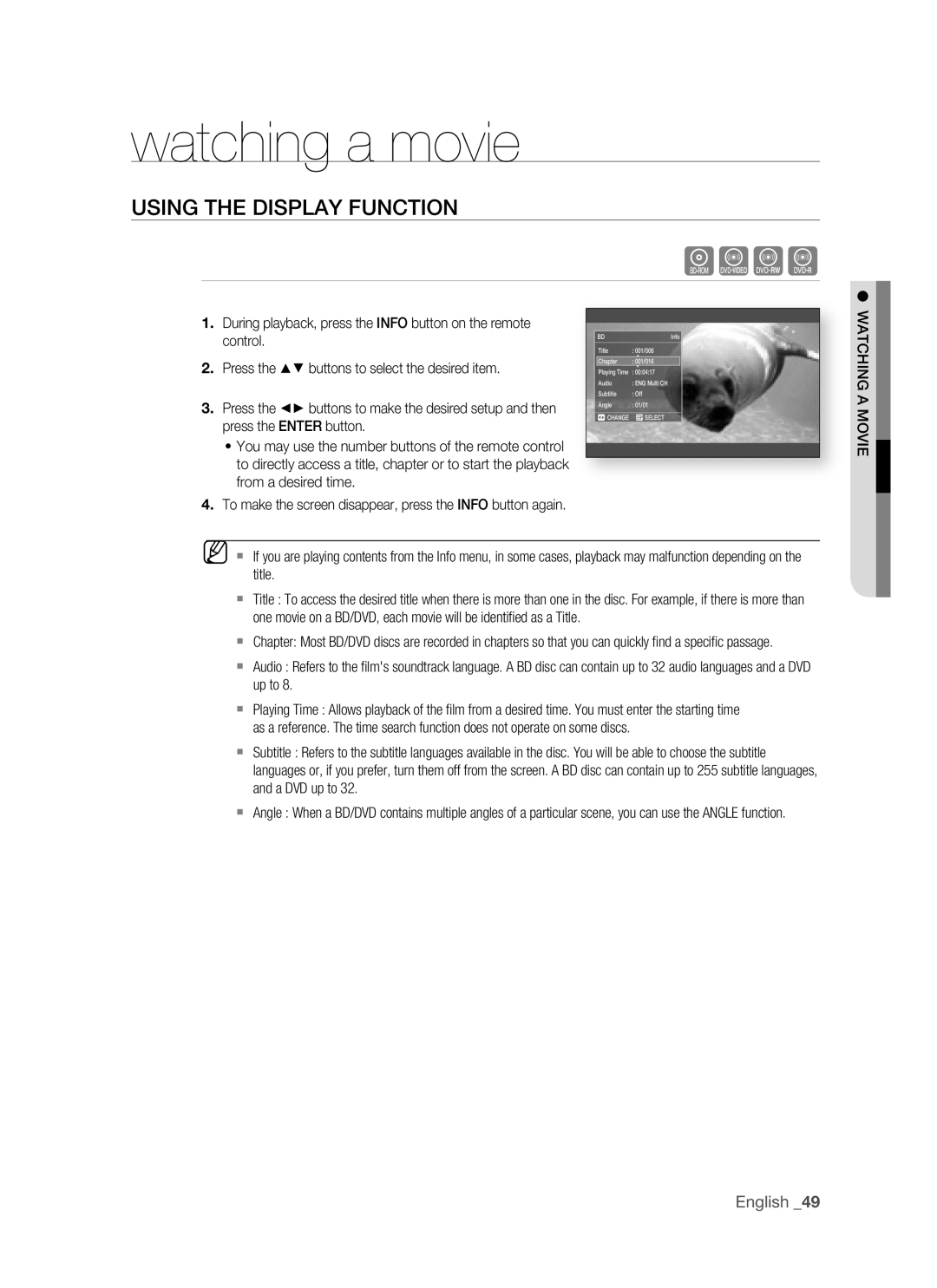 Samsung BD-P1400 Watching a movie, Using the Display Function, Control, Press the buttons to select the desired item 