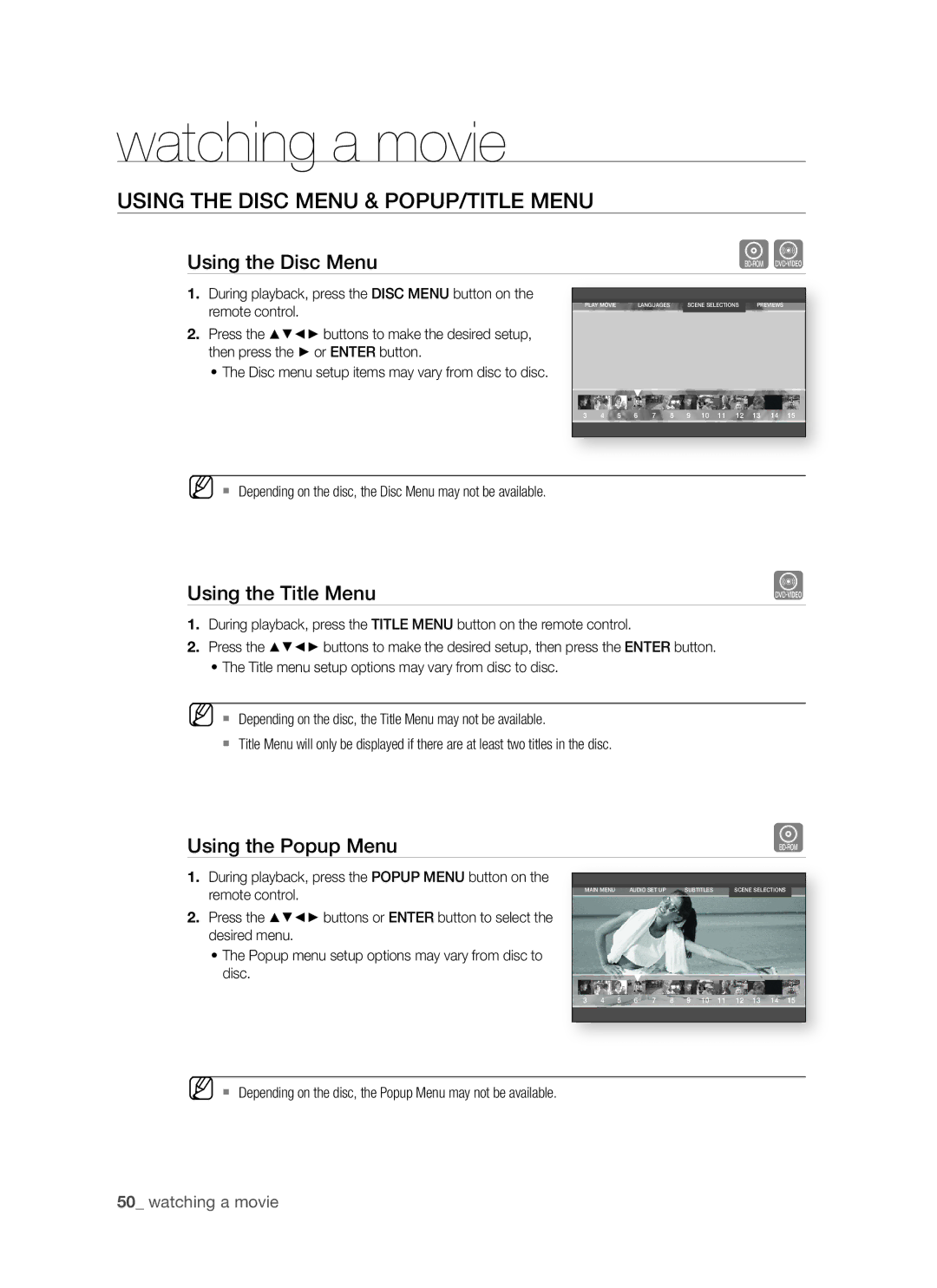 Samsung BD-P1400 user manual Using the Disc Menu & POPUP/TITLE Menu, Using the Title Menu, Using the Popup Menu 