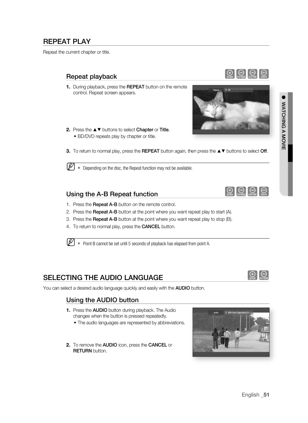 Samsung BD-P1400 Repeat Play, Selecting the Audio Language, Using the A-B Repeat function, Using the Audio button 