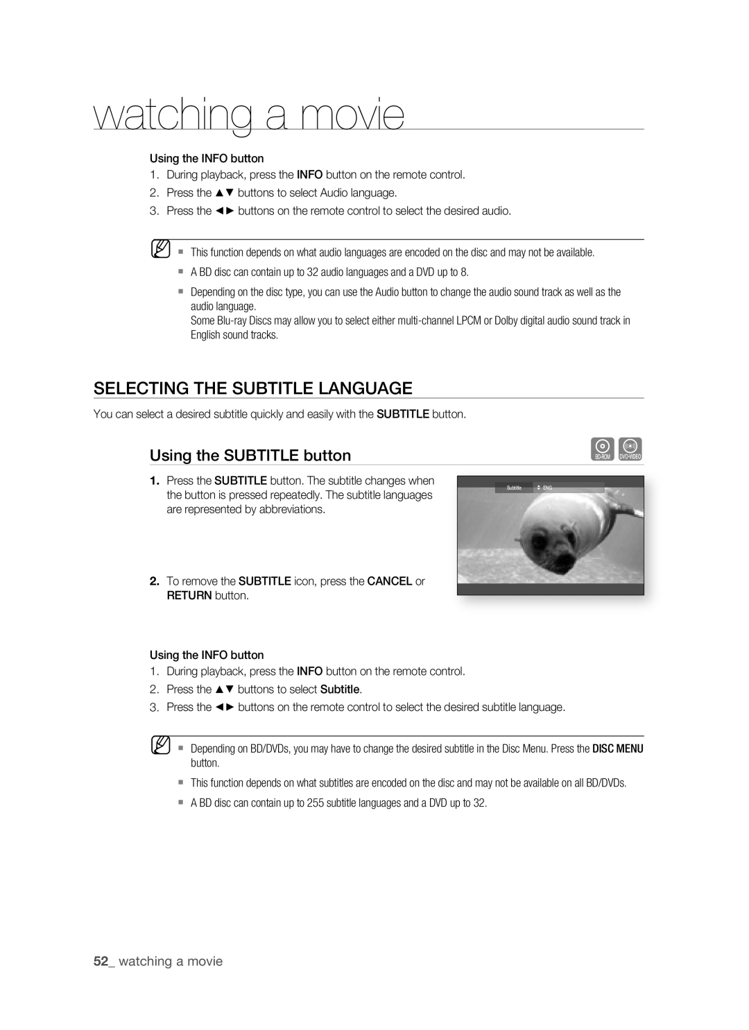 Samsung BD-P1400 user manual Selecting the Subtitle Language, Using the Subtitle button 