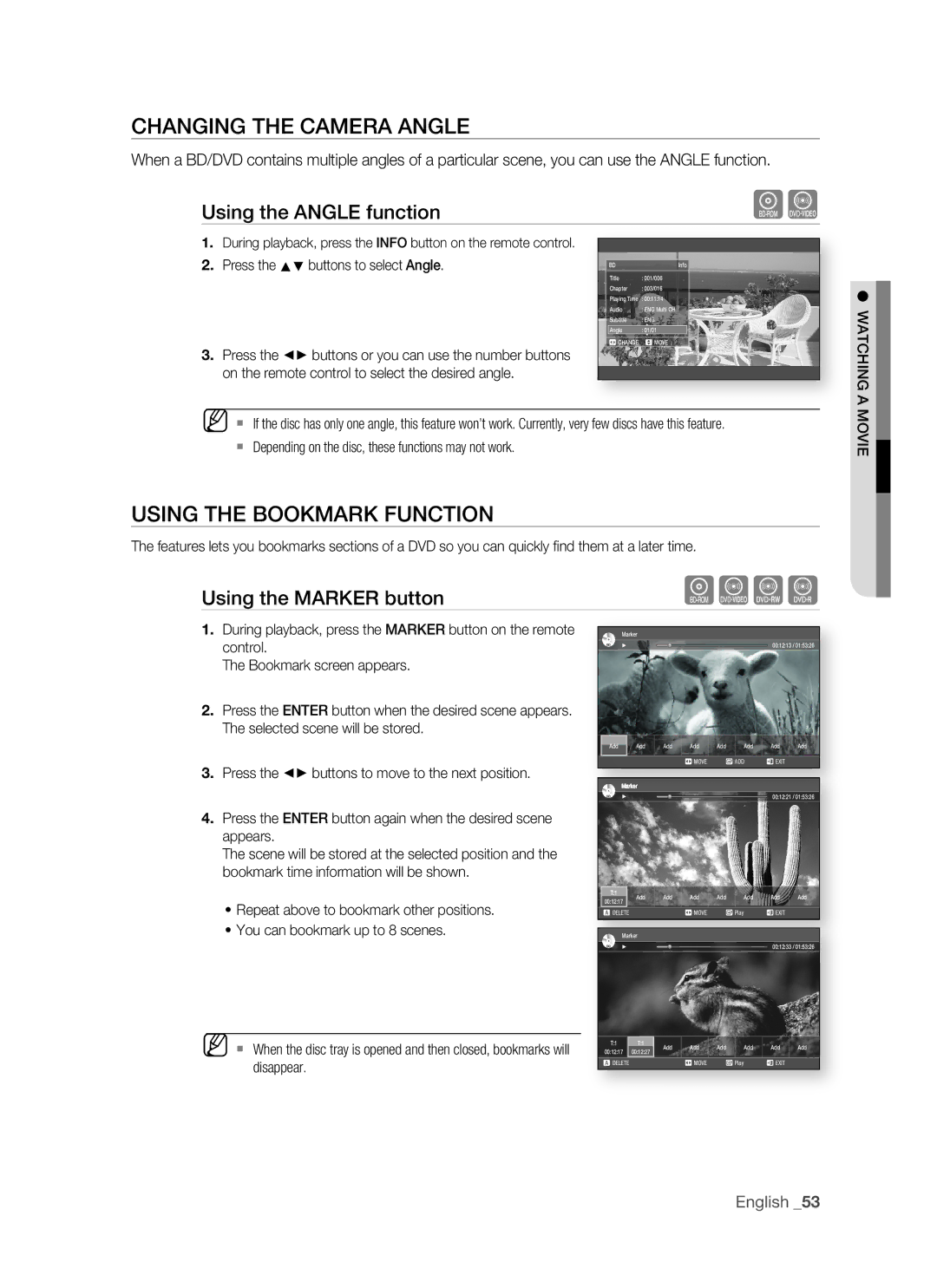 Samsung BD-P1400 Changing the Camera Angle, Using the Bookmark Function, Using the Angle function, Using the Marker button 