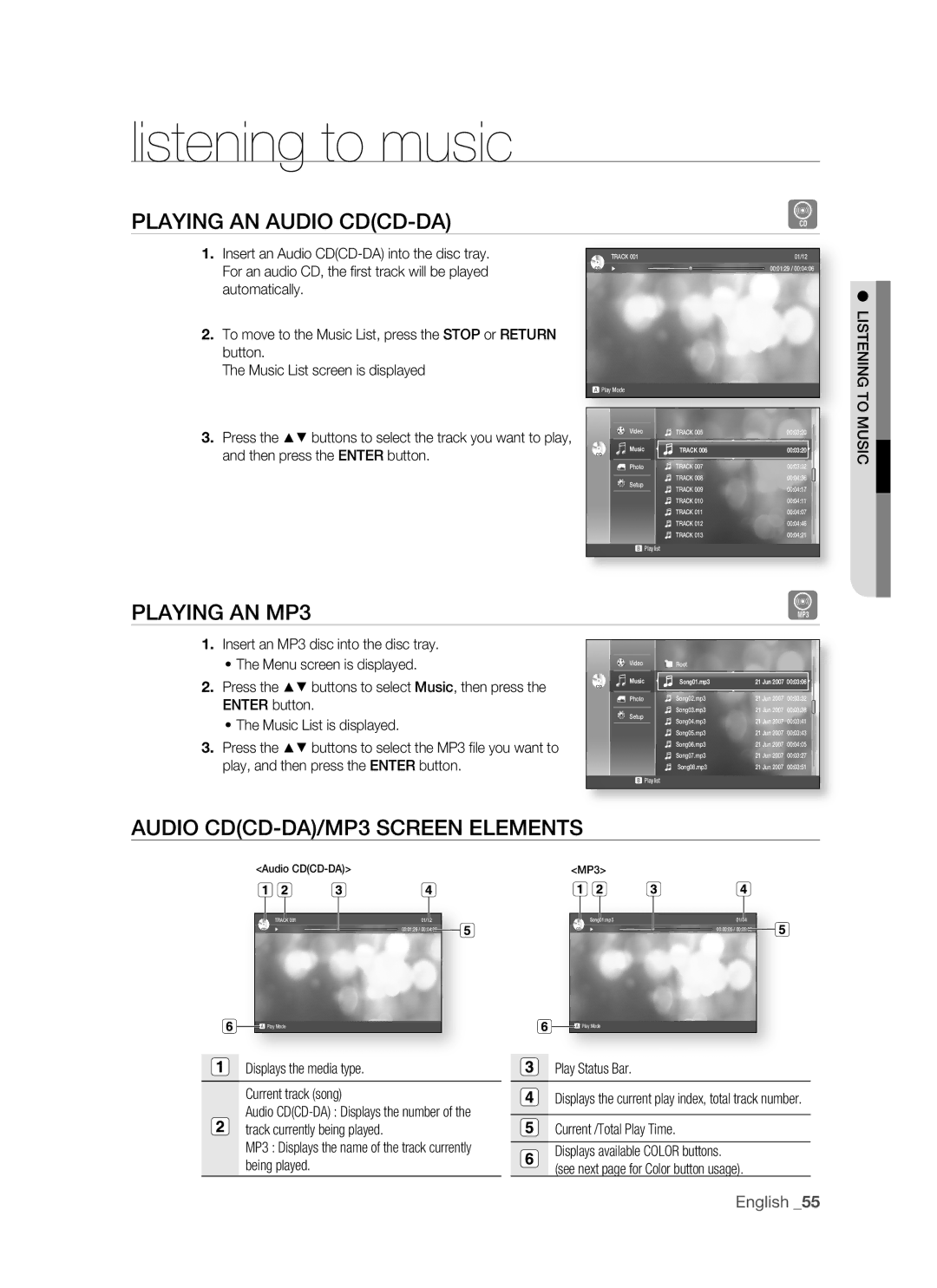 Samsung BD-P1400 Listening to music, Playing AN Audio CDCD-DA, Playing AN MP3, Audio CDCD-DA/MP3 Screen Elements 