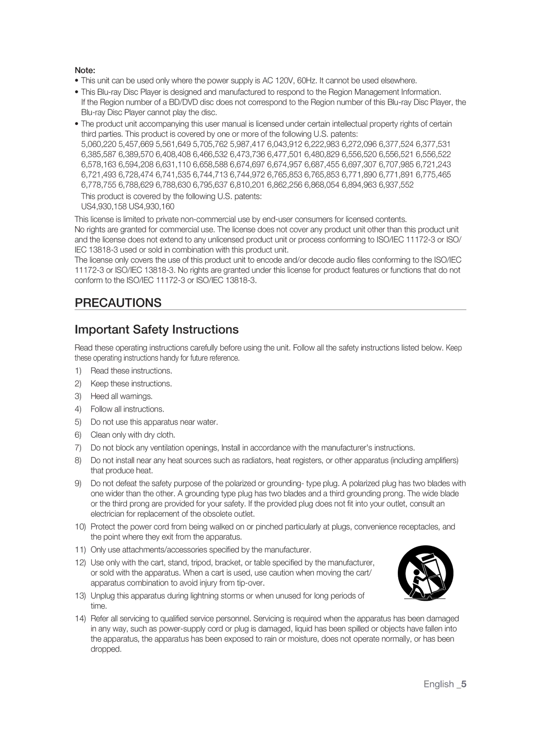 Samsung BD-P1400 user manual Precautions, Important Safety Instructions 