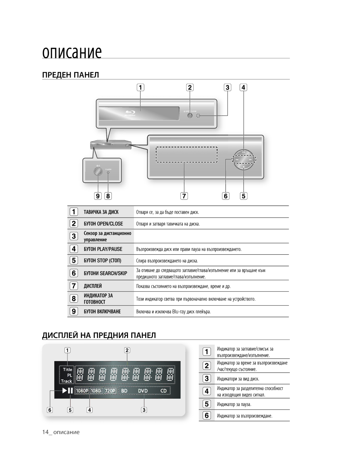 Samsung BD-P1400/EUR manual Описание, Преден Панел, Дисплей НА Предния Панел 