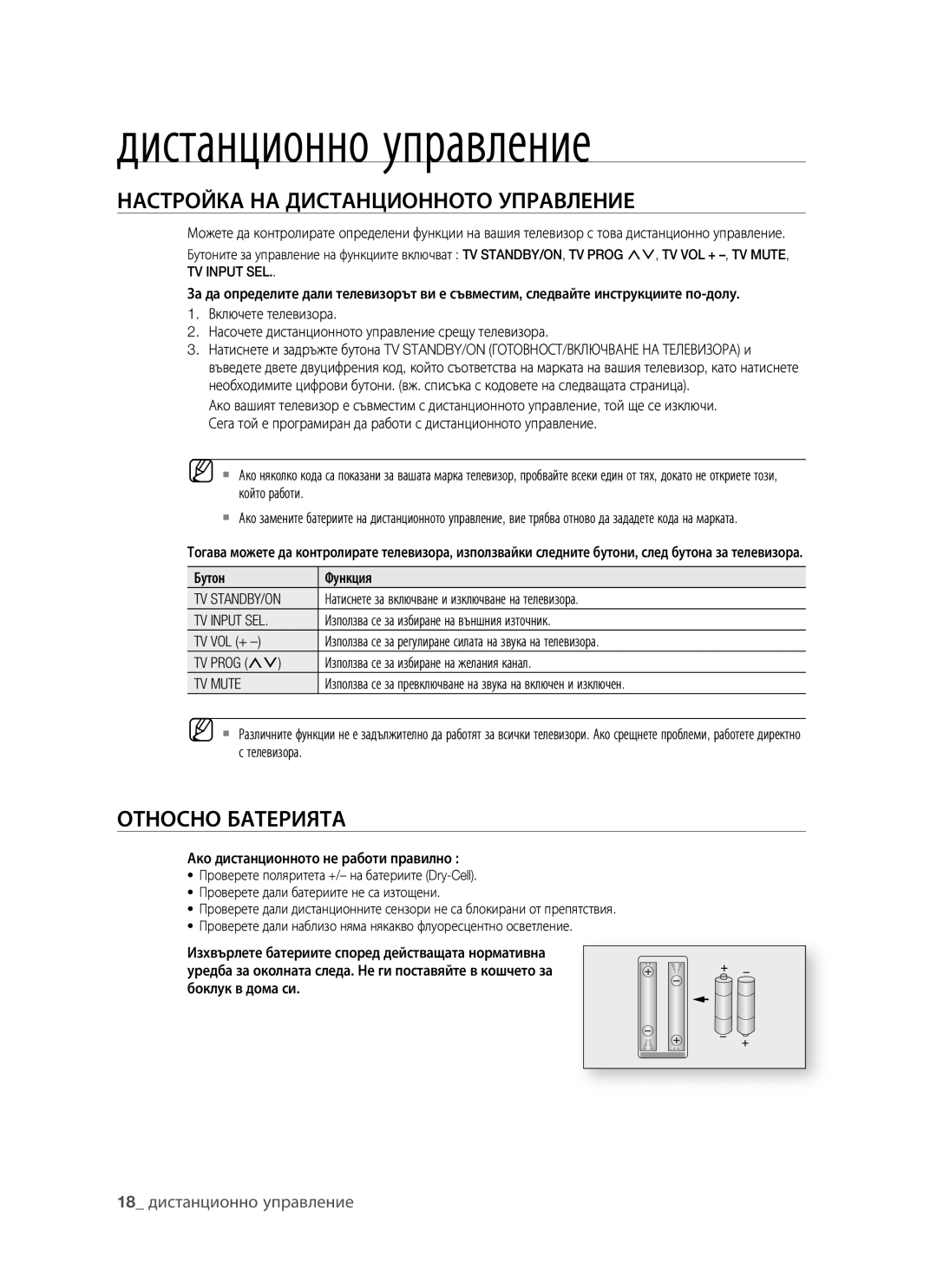 Samsung BD-P1400/EUR manual Дистанционно управление, Настройка НА Дистанционното Управление, Относно Батерията 