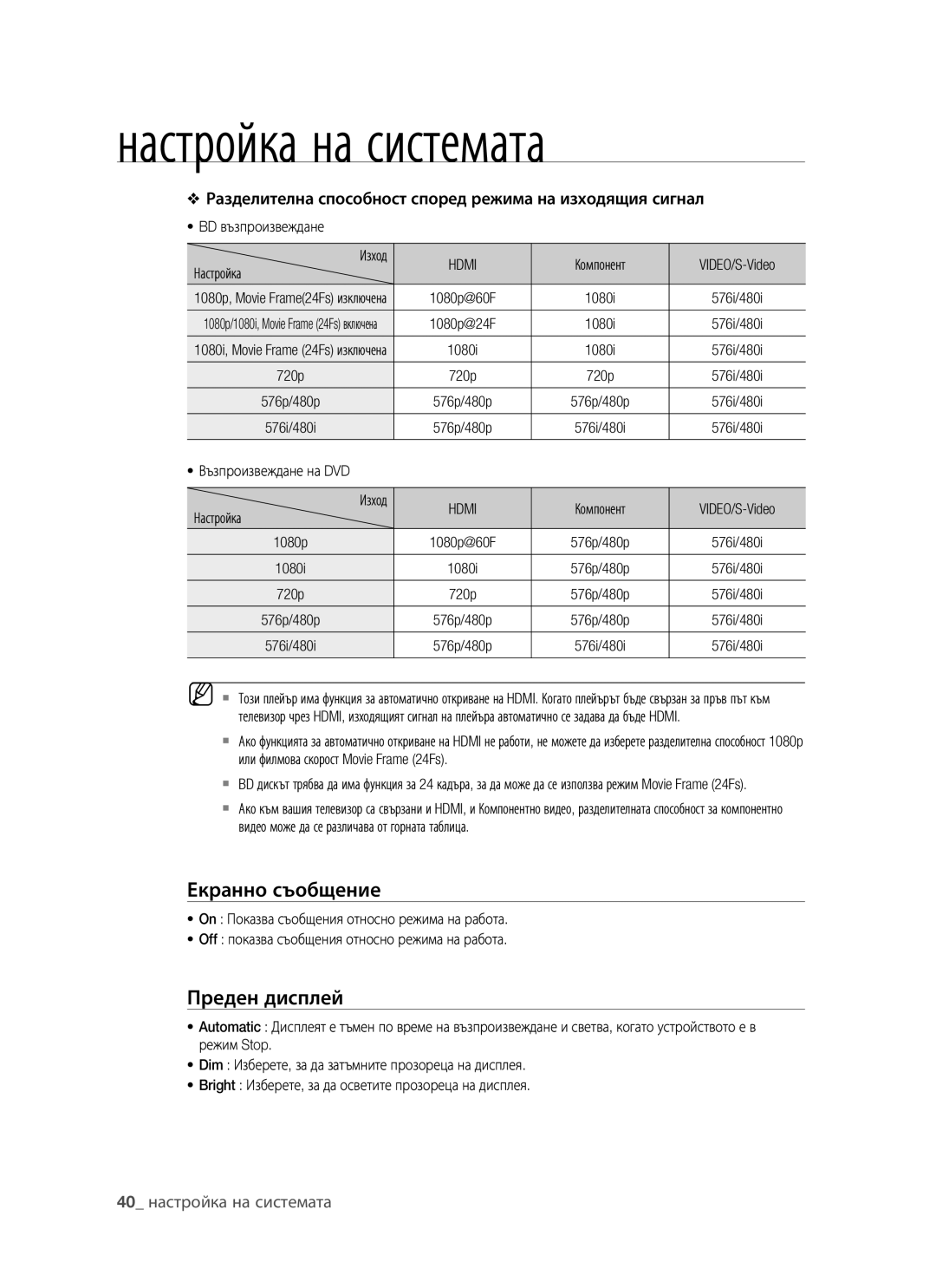 Samsung BD-P1400/EUR manual Екранно съобщение, Преден дисплей, Разделителна способност според режима на изходящия сигнал 